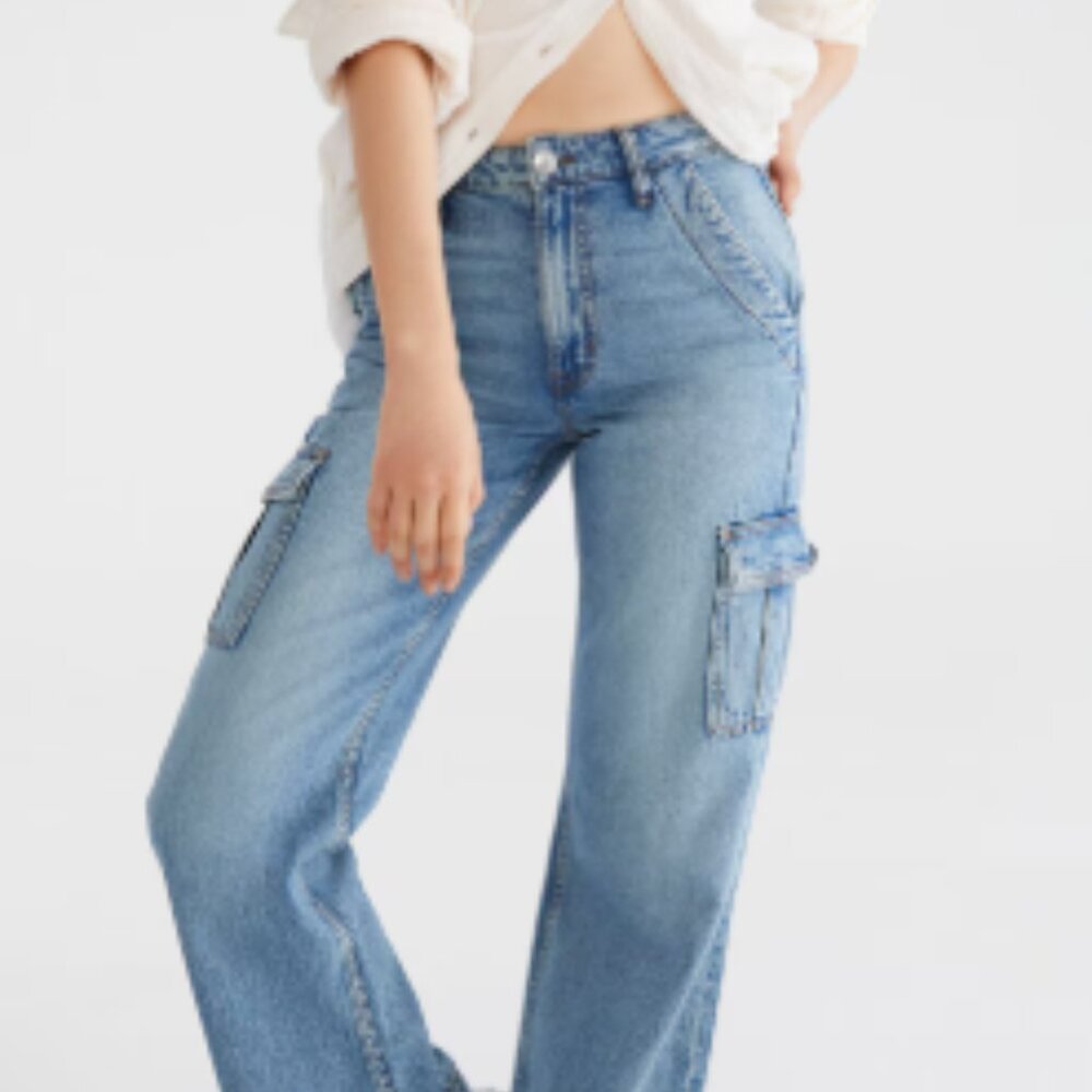 Aeropostale High Rise Wide Leg Jeans Button Cargo Pockets Size 2